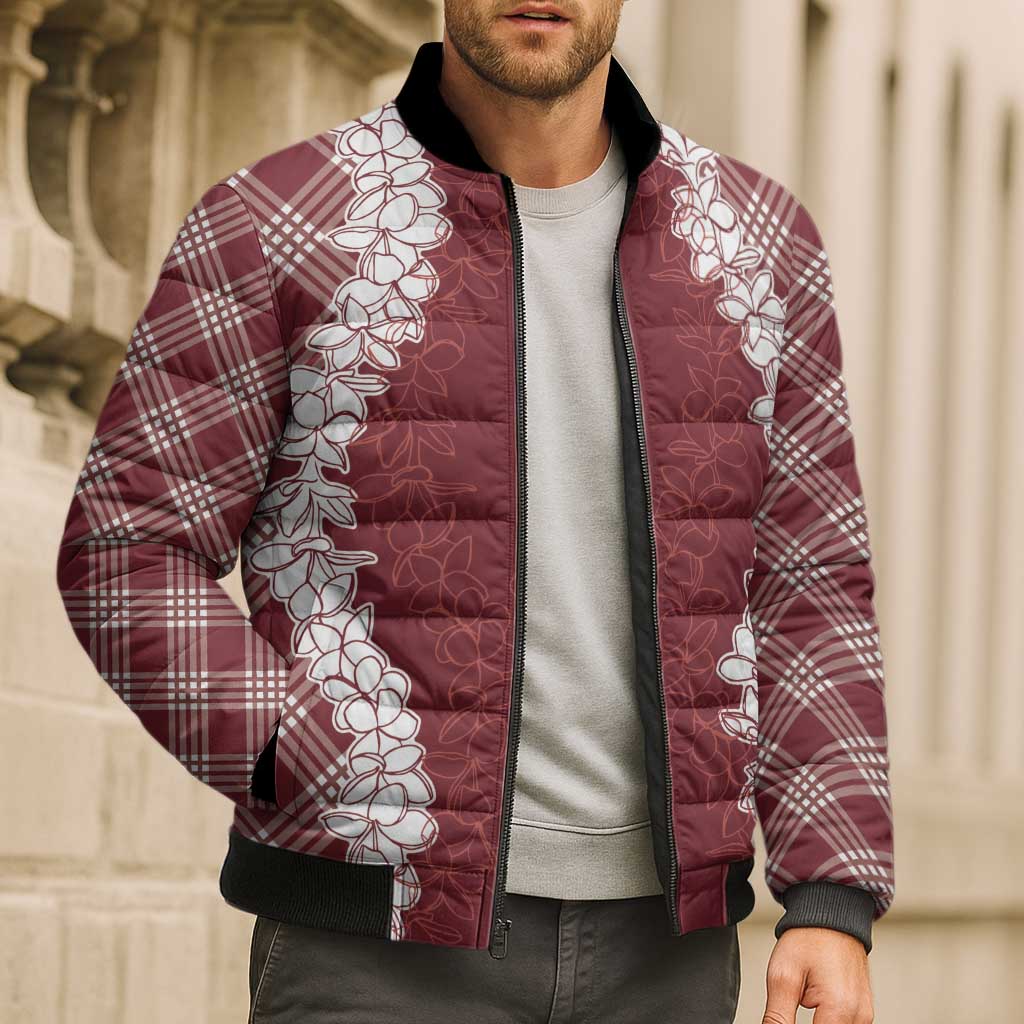 Hawaii Aloha Plumeria Lei Scarlet Palaka Bomber Puffer Jacket - Polynesian Pride