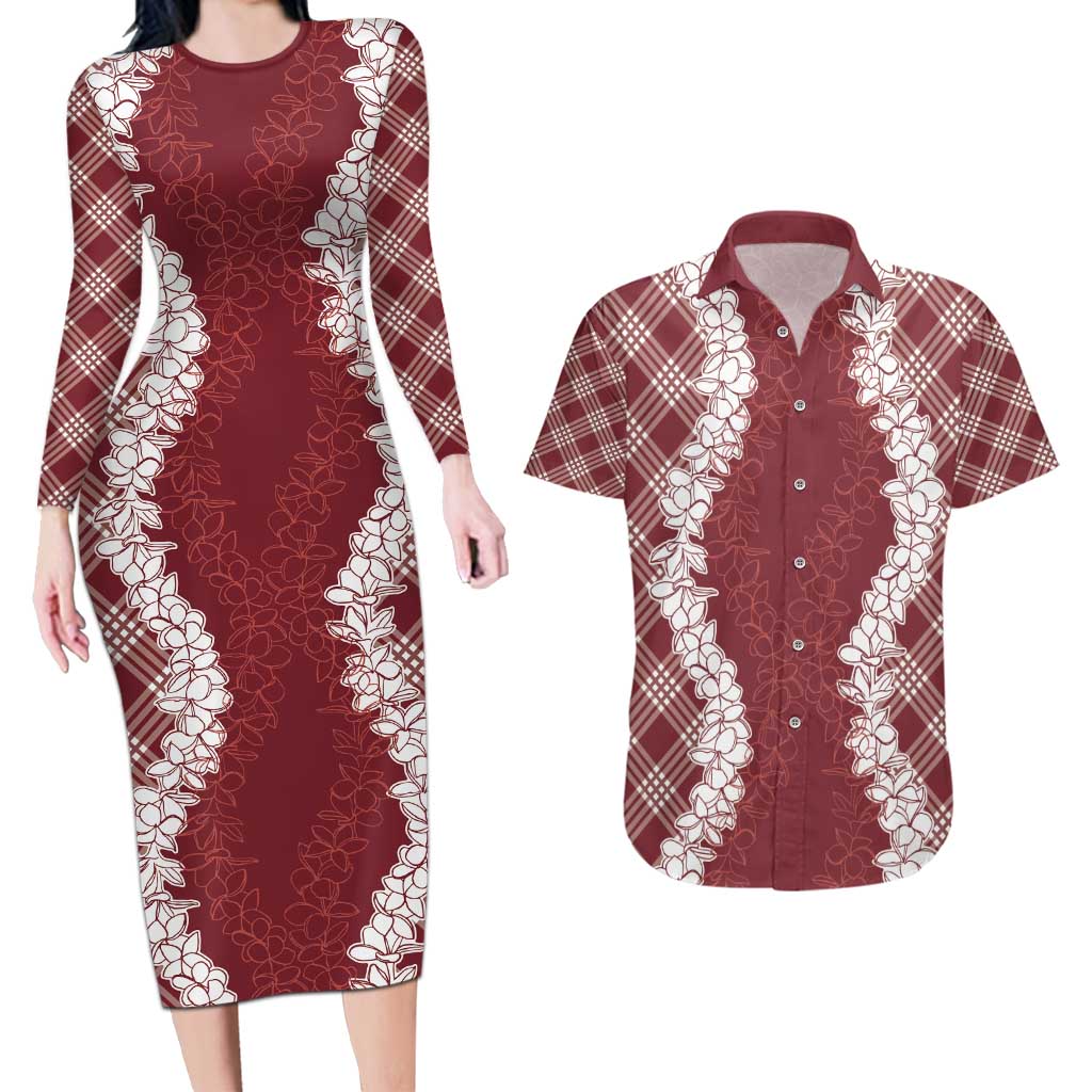Hawaii Aloha Plumeria Lei Scarlet Palaka Couples Matching Long Sleeve Bodycon Dress and Hawaiian Shirt LT7 Scarlet - Polynesian Pride