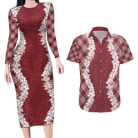 Hawaii Aloha Plumeria Lei Scarlet Palaka Couples Matching Long Sleeve Bodycon Dress and Hawaiian Shirt LT7 Scarlet - Polynesian Pride