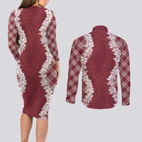 Hawaii Aloha Plumeria Lei Scarlet Palaka Couples Matching Long Sleeve Bodycon Dress and Long Sleeve Button Shirt LT7 - Polynesian Pride