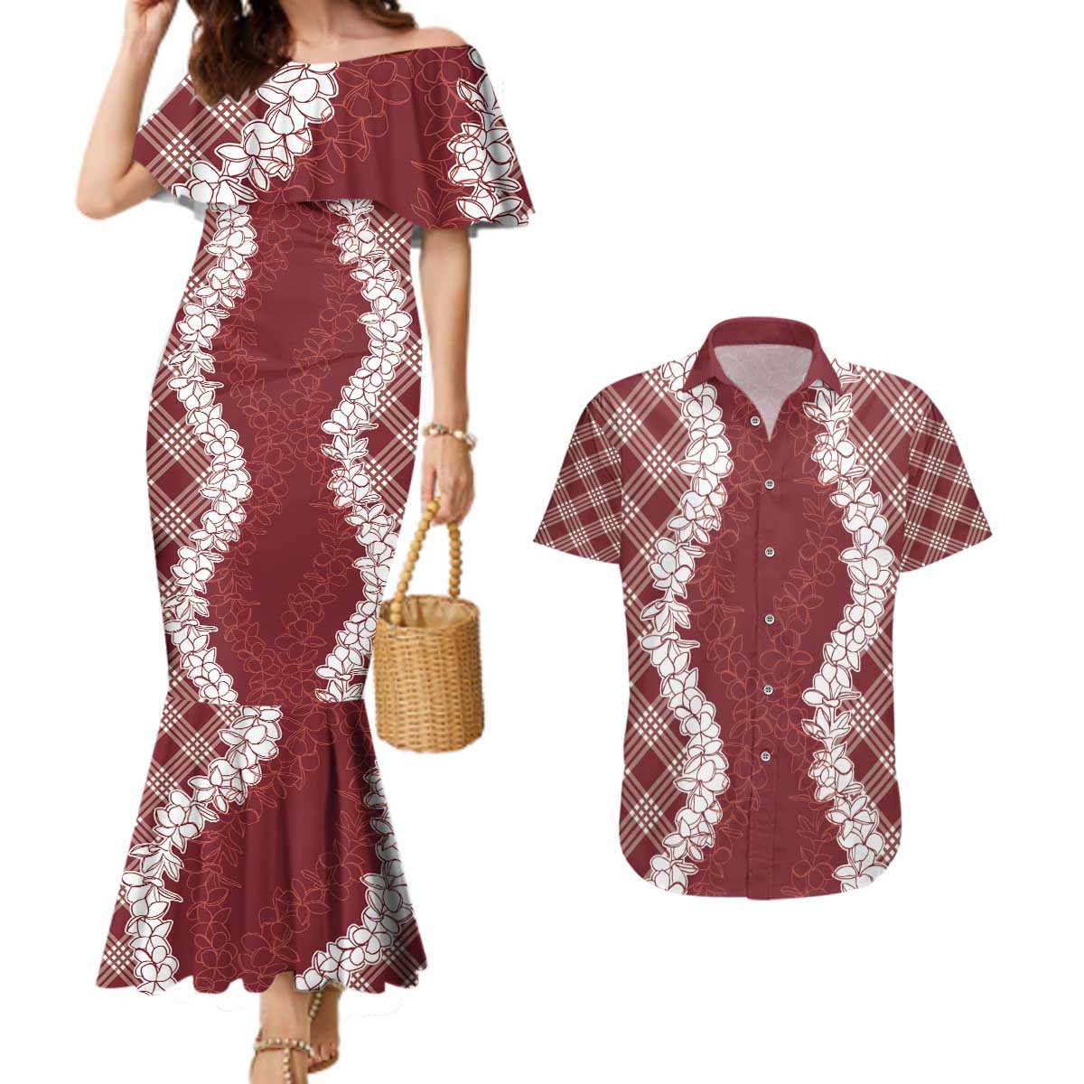 Hawaii Aloha Plumeria Lei Scarlet Palaka Couples Matching Mermaid Dress and Hawaiian Shirt - Polynesian Pride