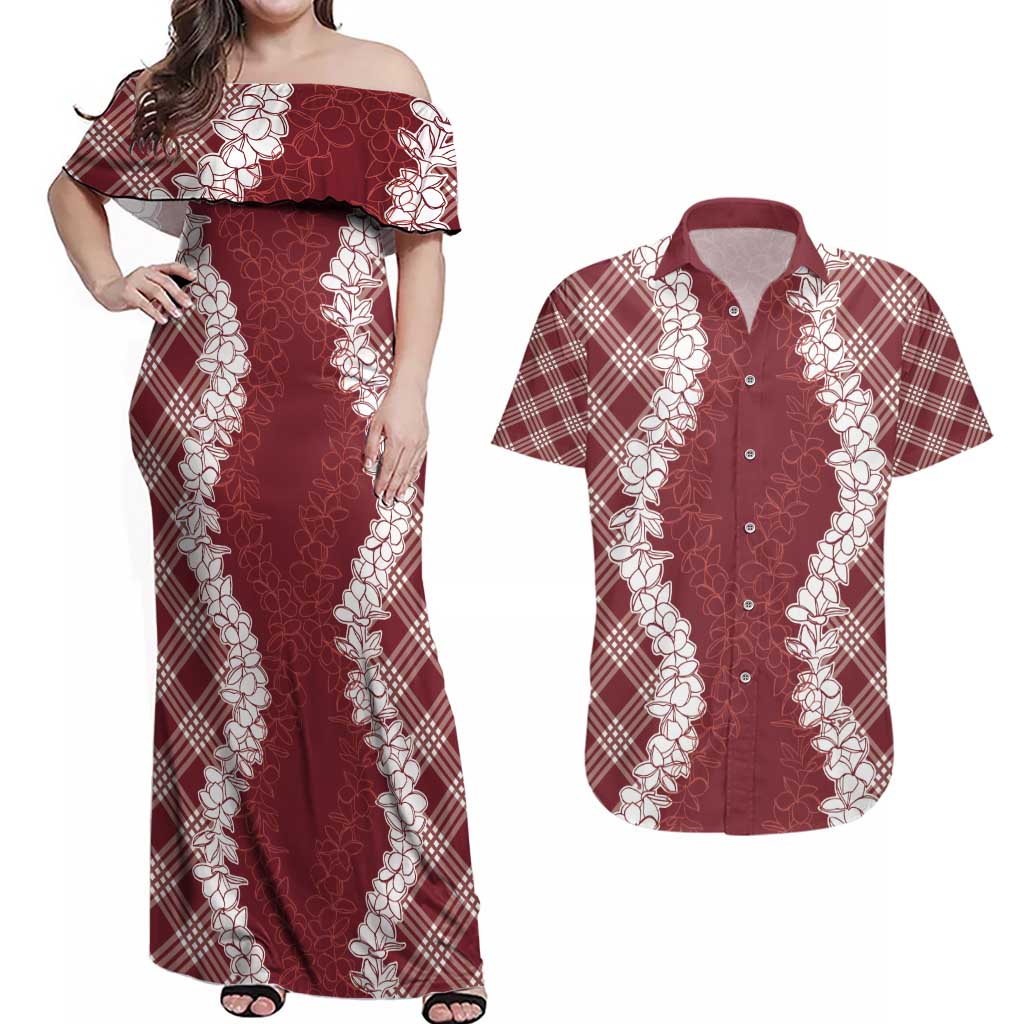 Hawaii Aloha Plumeria Lei Scarlet Palaka Couples Matching Off Shoulder Maxi Dress and Hawaiian Shirt LT7 Scarlet - Polynesian Pride