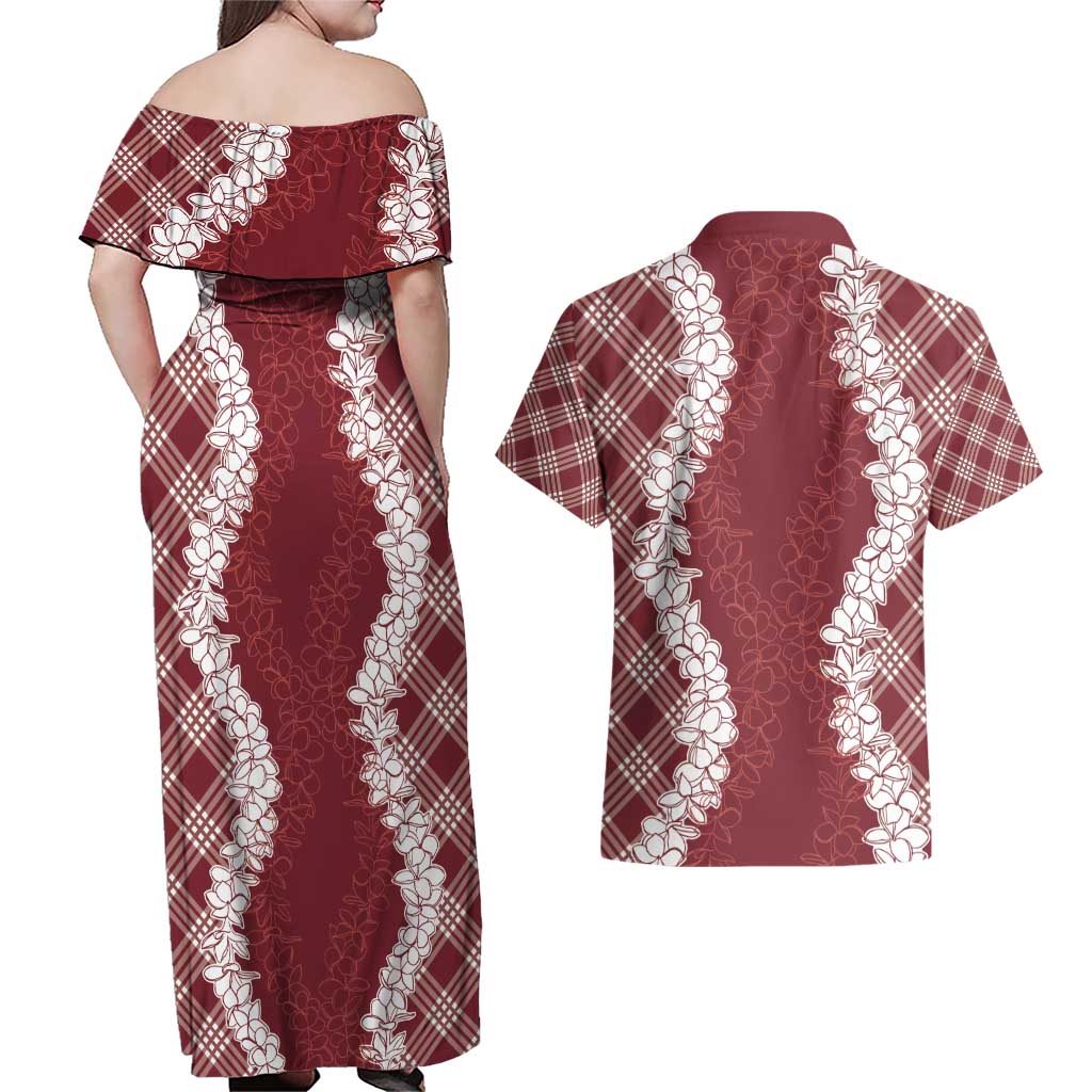 Hawaii Aloha Plumeria Lei Scarlet Palaka Couples Matching Off Shoulder Maxi Dress and Hawaiian Shirt LT7 - Polynesian Pride