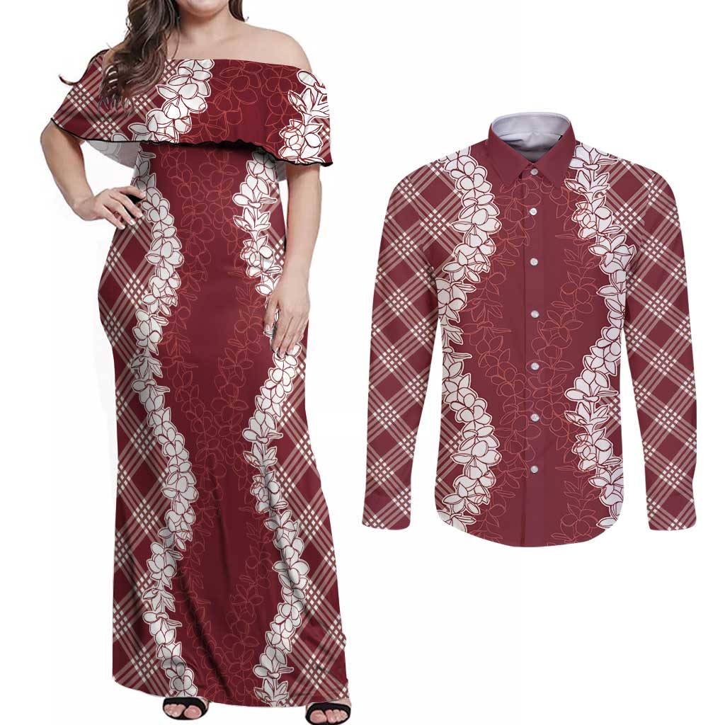Hawaii Aloha Plumeria Lei Scarlet Palaka Couples Matching Off Shoulder Maxi Dress and Long Sleeve Button Shirt - Polynesian Pride