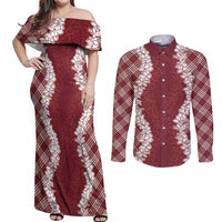 Hawaii Aloha Plumeria Lei Scarlet Palaka Couples Matching Off Shoulder Maxi Dress and Long Sleeve Button Shirt - Polynesian Pride