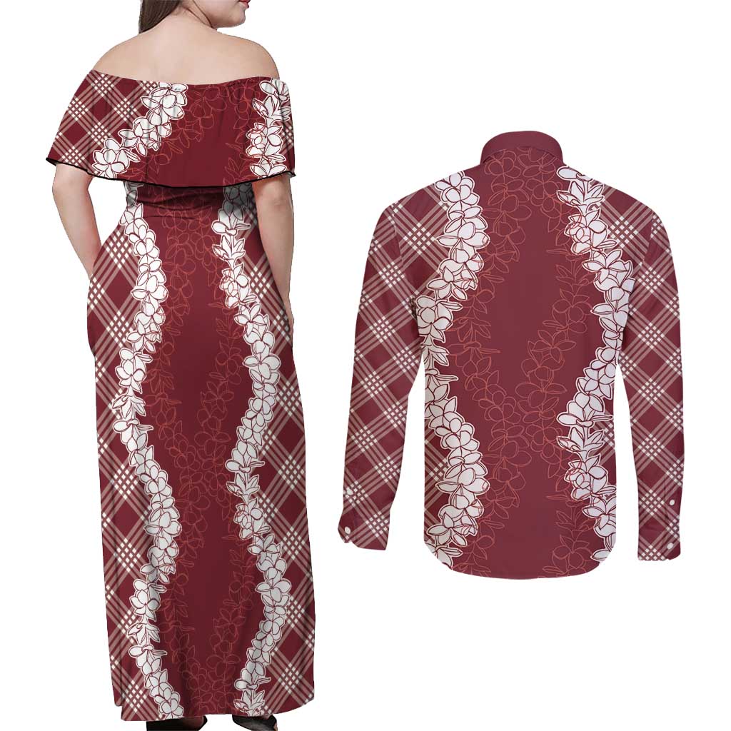 Hawaii Aloha Plumeria Lei Scarlet Palaka Couples Matching Off Shoulder Maxi Dress and Long Sleeve Button Shirt - Polynesian Pride