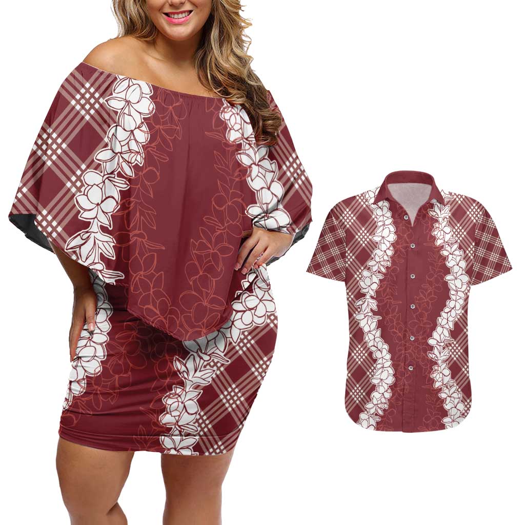 Hawaii Aloha Plumeria Lei Scarlet Palaka Couples Matching Off Shoulder Short Dress and Hawaiian Shirt - Polynesian Pride