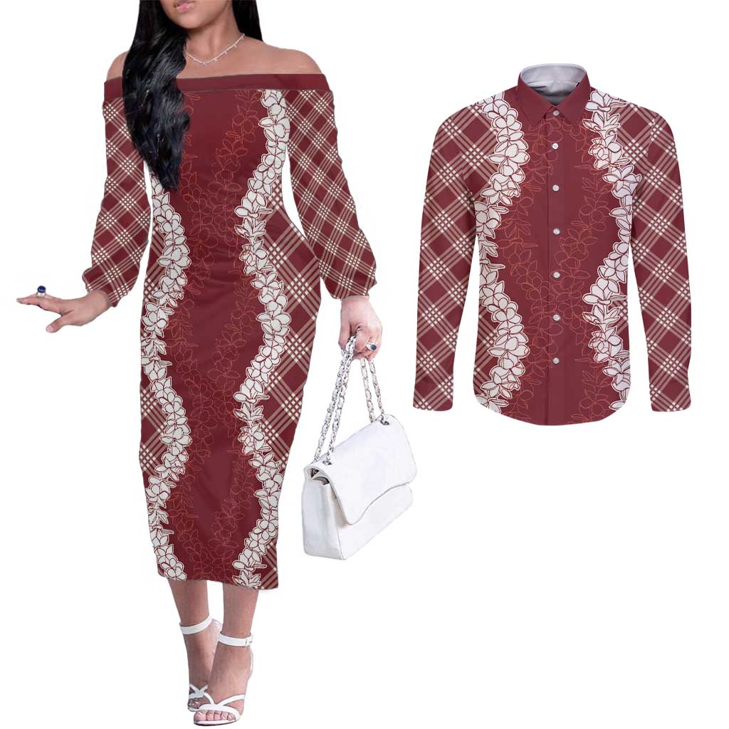 Hawaii Aloha Plumeria Lei Scarlet Palaka Couples Matching Off The Shoulder Long Sleeve Dress and Long Sleeve Button Shirt LT7 Scarlet - Polynesian Pride