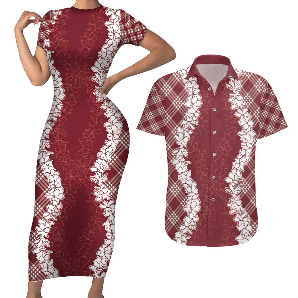 Hawaii Aloha Plumeria Lei Scarlet Palaka Couples Matching Short Sleeve Bodycon Dress and Hawaiian Shirt - Polynesian Pride