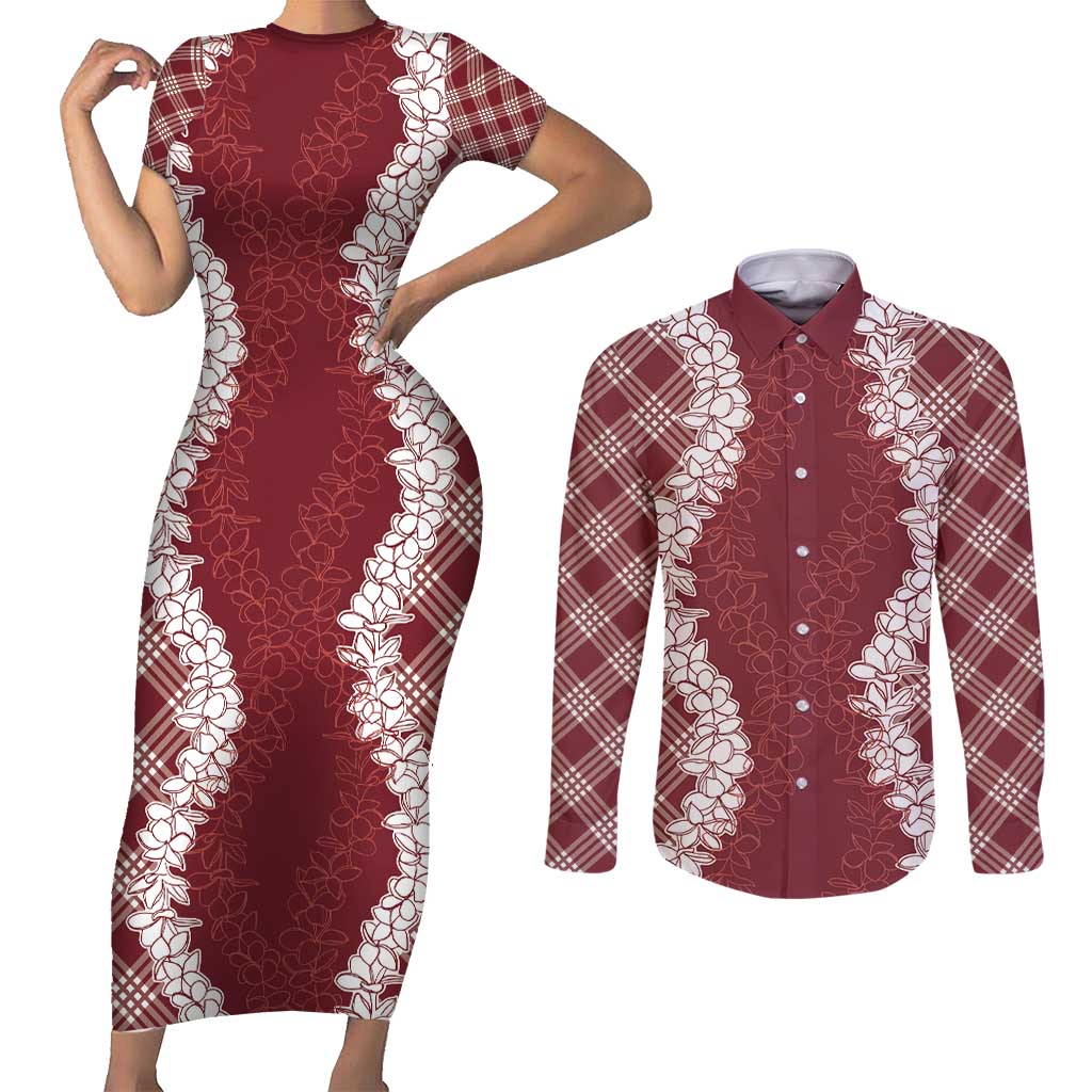 Hawaii Aloha Plumeria Lei Scarlet Palaka Couples Matching Short Sleeve Bodycon Dress and Long Sleeve Button Shirt LT7 Scarlet - Polynesian Pride