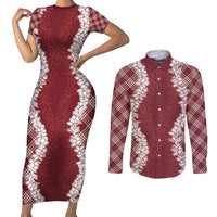 Hawaii Aloha Plumeria Lei Scarlet Palaka Couples Matching Short Sleeve Bodycon Dress and Long Sleeve Button Shirt LT7 Scarlet - Polynesian Pride