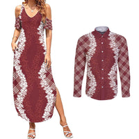Hawaii Aloha Plumeria Lei Scarlet Palaka Couples Matching Summer Maxi Dress and Long Sleeve Button Shirt - Polynesian Pride