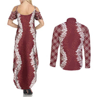 Hawaii Aloha Plumeria Lei Scarlet Palaka Couples Matching Summer Maxi Dress and Long Sleeve Button Shirt - Polynesian Pride