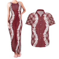 Hawaii Aloha Plumeria Lei Scarlet Palaka Couples Matching Tank Maxi Dress and Hawaiian Shirt LT7 Scarlet - Polynesian Pride