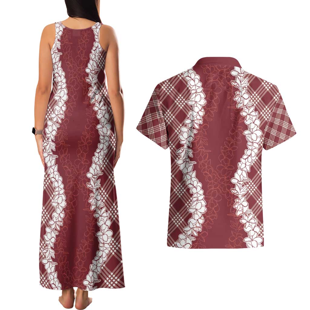 Hawaii Aloha Plumeria Lei Scarlet Palaka Couples Matching Tank Maxi Dress and Hawaiian Shirt LT7 - Polynesian Pride