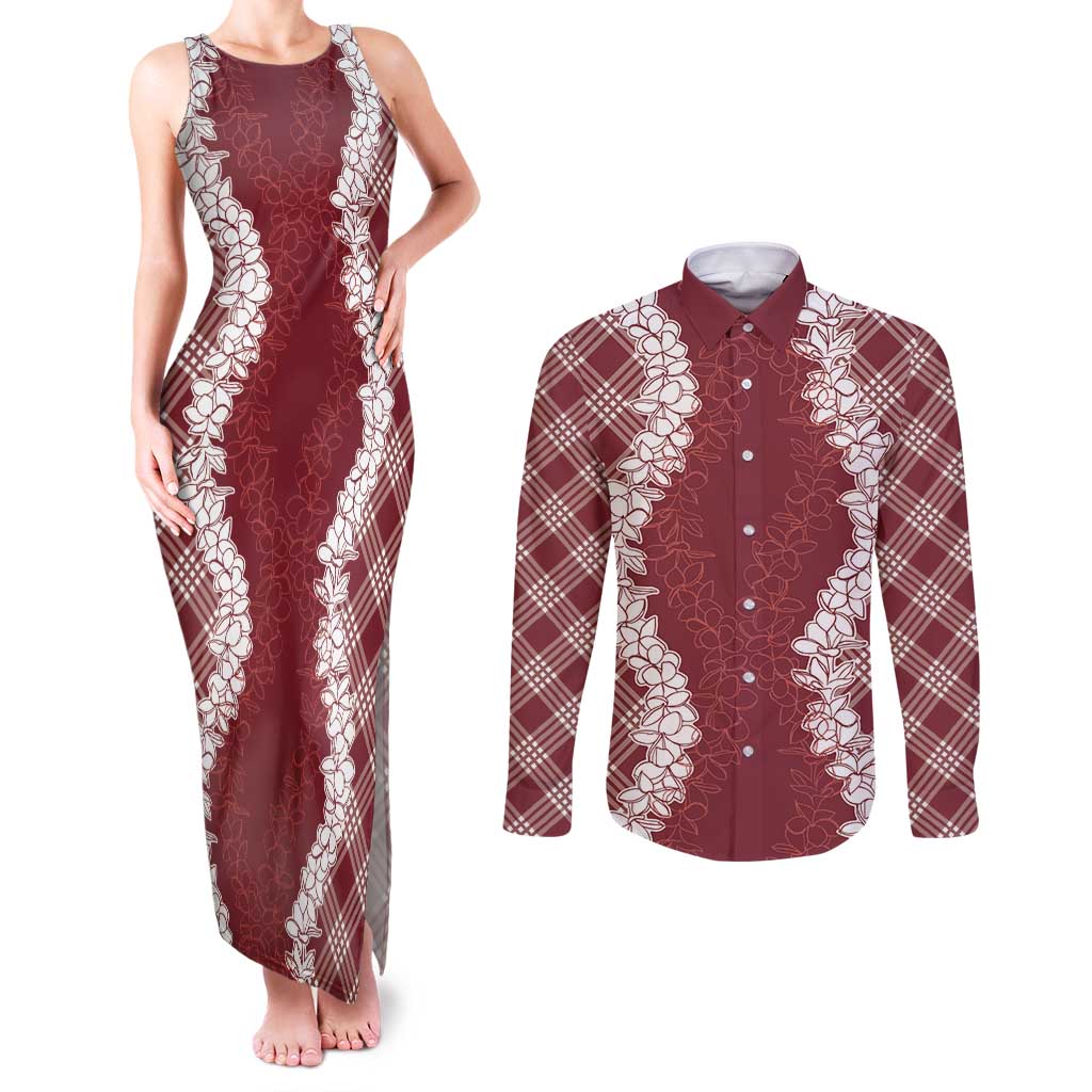 Hawaii Aloha Plumeria Lei Scarlet Palaka Couples Matching Tank Maxi Dress and Long Sleeve Button Shirt - Polynesian Pride