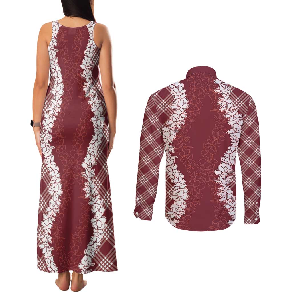 Hawaii Aloha Plumeria Lei Scarlet Palaka Couples Matching Tank Maxi Dress and Long Sleeve Button Shirt - Polynesian Pride