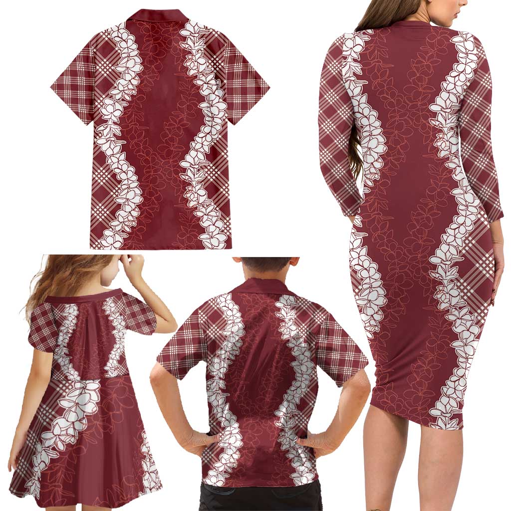 Hawaii Aloha Plumeria Lei Scarlet Palaka Family Matching Long Sleeve Bodycon Dress and Hawaiian Shirt - Polynesian Pride