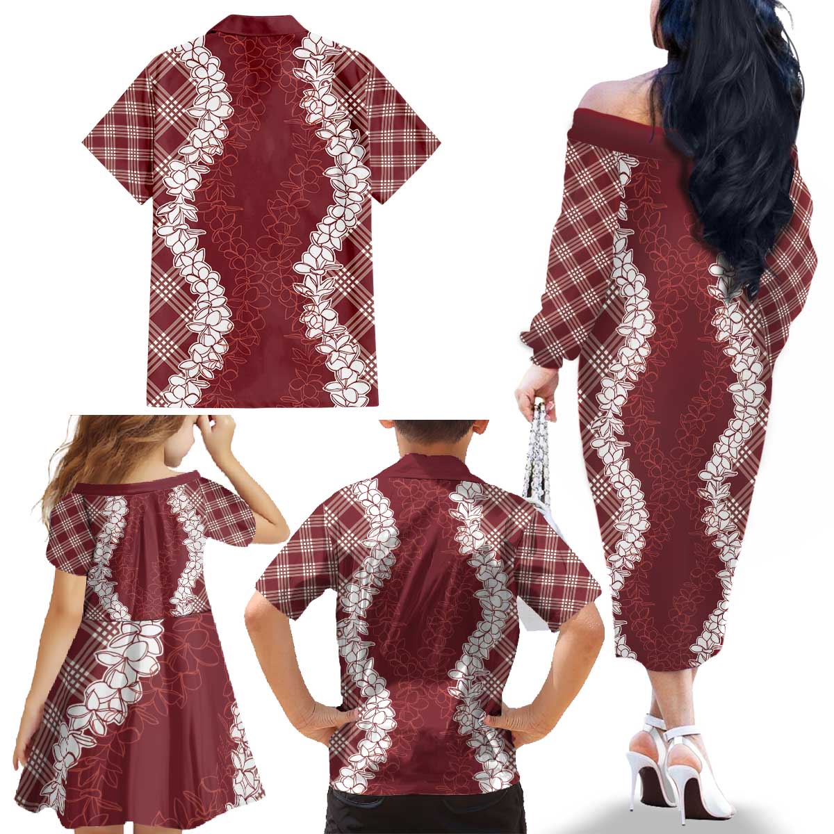 Hawaii Aloha Plumeria Lei Scarlet Palaka Family Matching Off The Shoulder Long Sleeve Dress and Hawaiian Shirt - Polynesian Pride