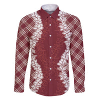 Hawaii Aloha Plumeria Lei Scarlet Palaka Family Matching Off The Shoulder Long Sleeve Dress and Hawaiian Shirt - Polynesian Pride