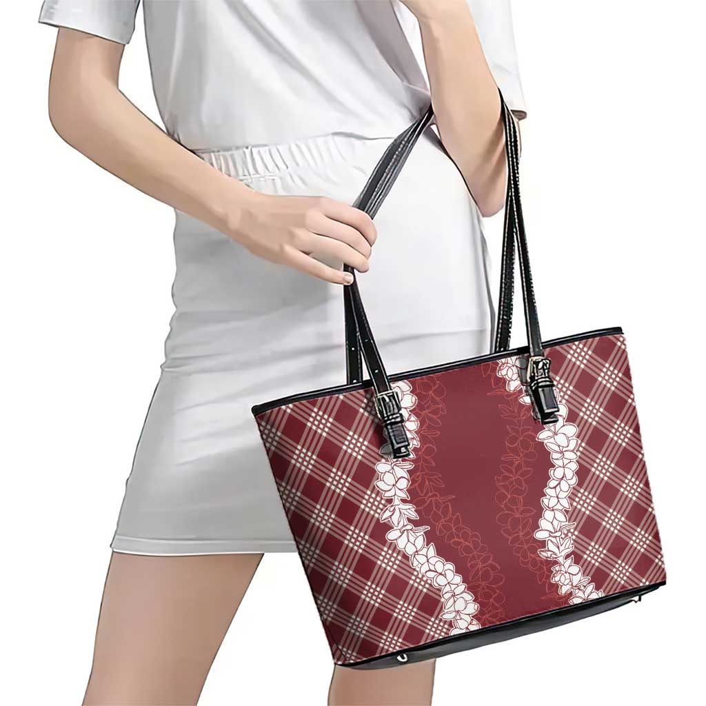 Hawaii Aloha Plumeria Lei Scarlet Palaka Leather Tote Bag - Polynesian Pride