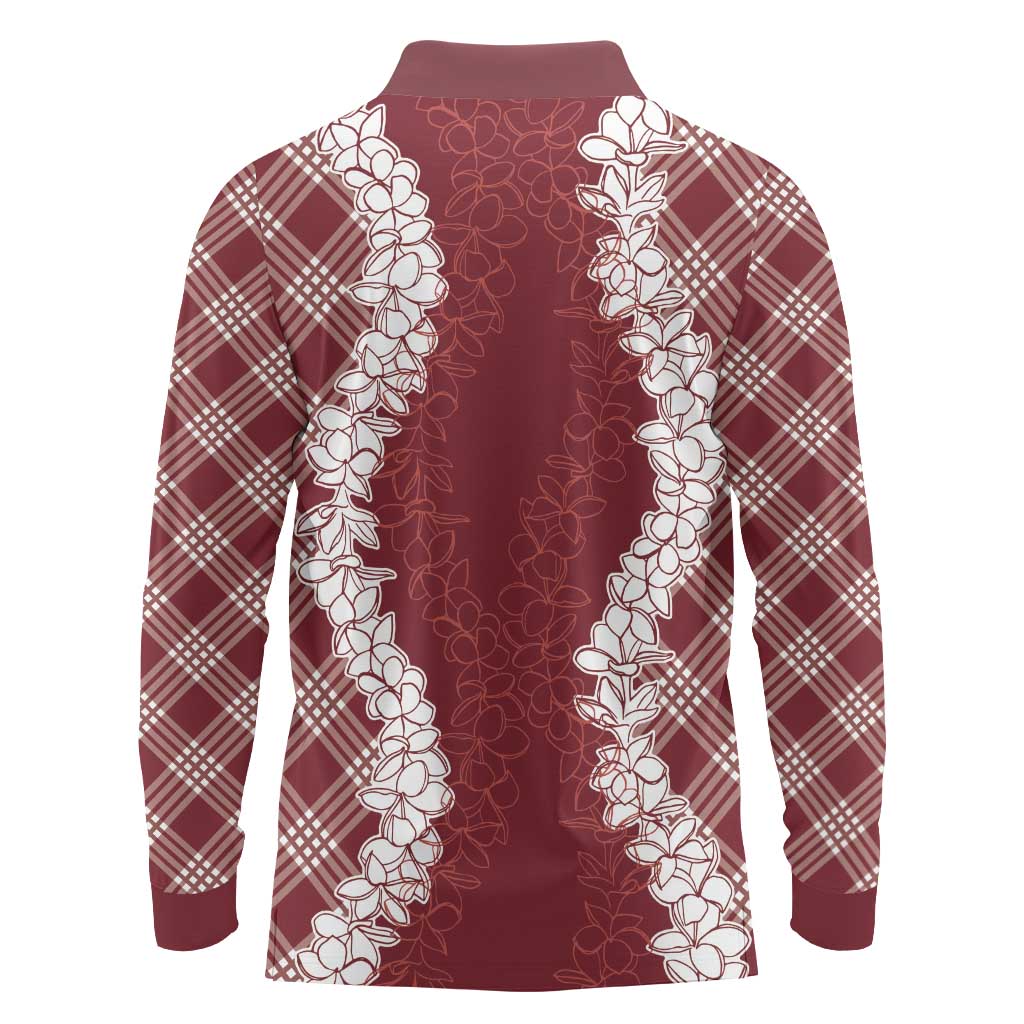 Hawaii Aloha Plumeria Lei Scarlet Palaka Long Sleeve Polo Shirt - Polynesian Pride