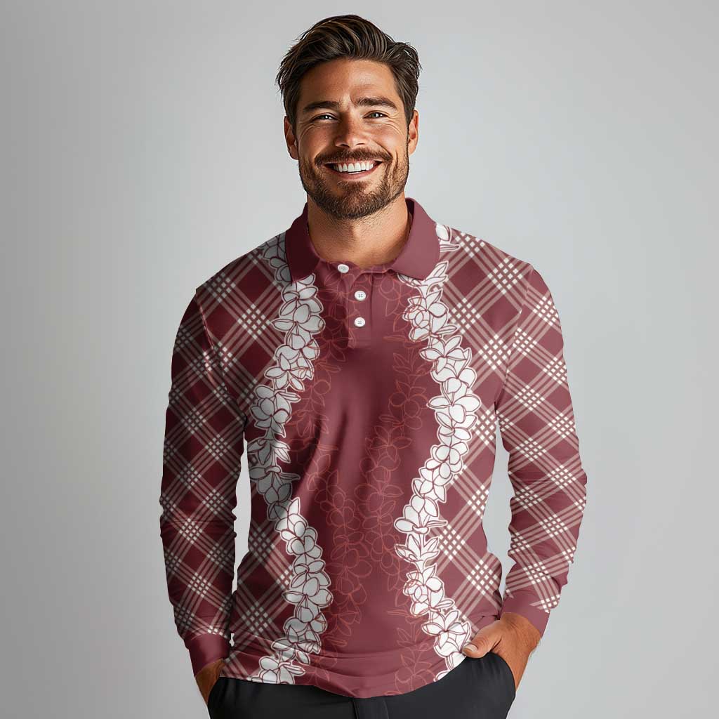 Hawaii Aloha Plumeria Lei Scarlet Palaka Long Sleeve Polo Shirt - Polynesian Pride