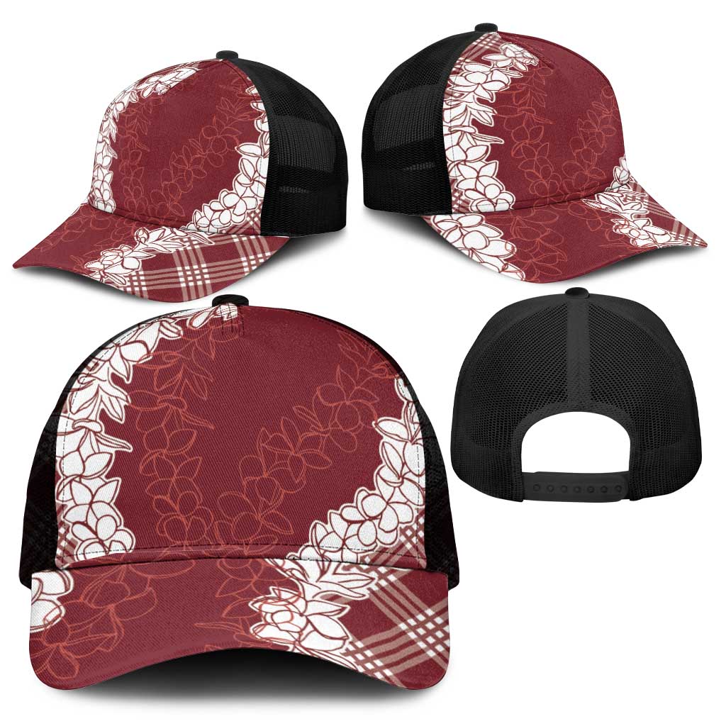 Hawaii Aloha Plumeria Lei Scarlet Palaka Mesh Trucker Cap - Polynesian Pride