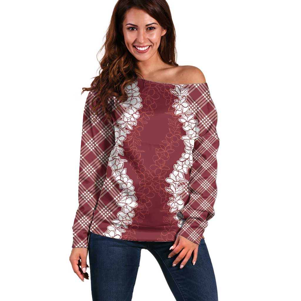 Hawaii Aloha Plumeria Lei Scarlet Palaka Off Shoulder Sweater - Polynesian Pride