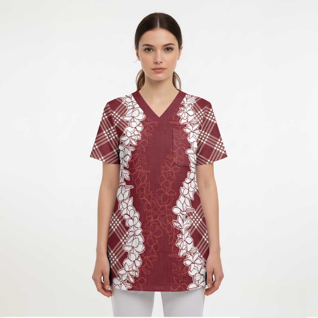 Hawaii Aloha Plumeria Lei Scarlet Palaka Scrub Top - Polynesian Pride