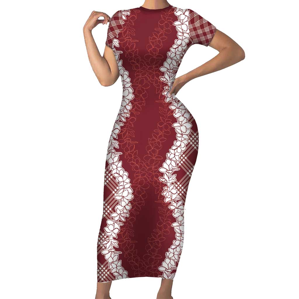 Hawaii Aloha Plumeria Lei Scarlet Palaka Short Sleeve Bodycon Dress - Polynesian Pride