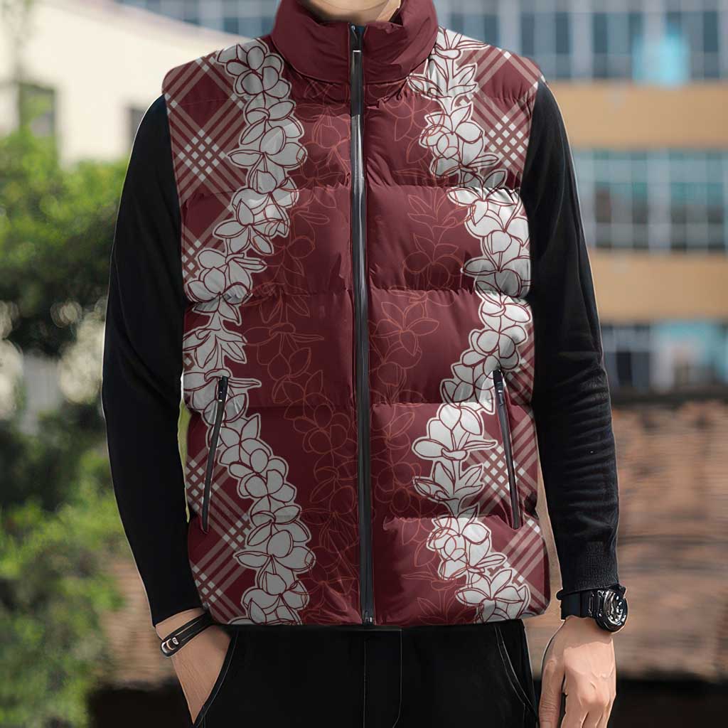 Hawaii Aloha Plumeria Lei Scarlet Palaka Sleeveless Puffer Jacket - Polynesian Pride