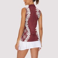 Hawaii Aloha Plumeria Lei Scarlet Palaka Women Sleeveless Polo Shirt - Polynesian Pride