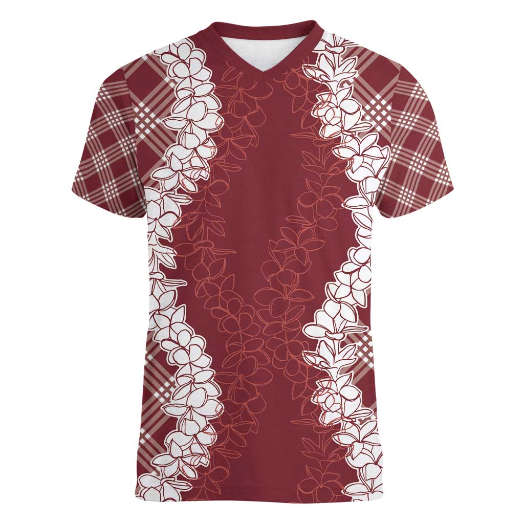 Hawaii Aloha Plumeria Lei Scarlet Palaka Women V-Neck T-Shirt - Polynesian Pride
