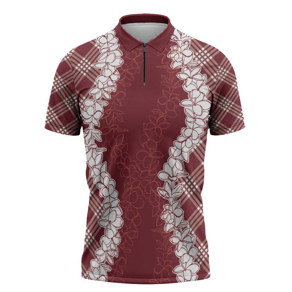 Hawaii Aloha Plumeria Lei Scarlet Palaka Zipper Polo Shirt - Polynesian Pride