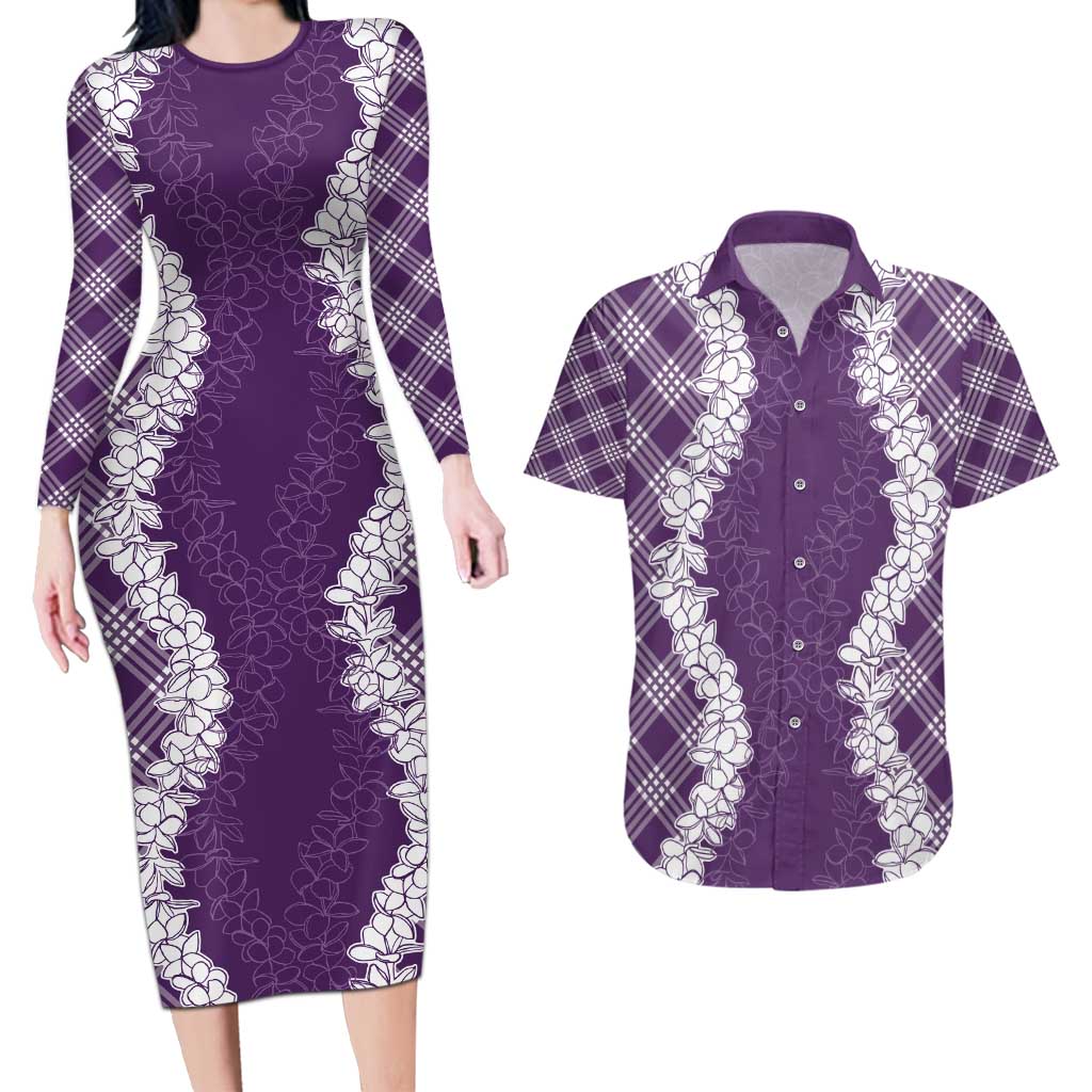 Hawaii Aloha Plumeria Lei Violet Palaka Couples Matching Long Sleeve Bodycon Dress and Hawaiian Shirt LT7 Violet - Polynesian Pride