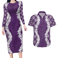 Hawaii Aloha Plumeria Lei Violet Palaka Couples Matching Long Sleeve Bodycon Dress and Hawaiian Shirt LT7 Violet - Polynesian Pride