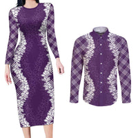 Hawaii Aloha Plumeria Lei Violet Palaka Couples Matching Long Sleeve Bodycon Dress and Long Sleeve Button Shirt - Polynesian Pride