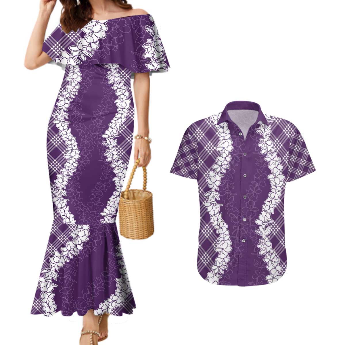 Hawaii Aloha Plumeria Lei Violet Palaka Couples Matching Mermaid Dress and Hawaiian Shirt - Polynesian Pride