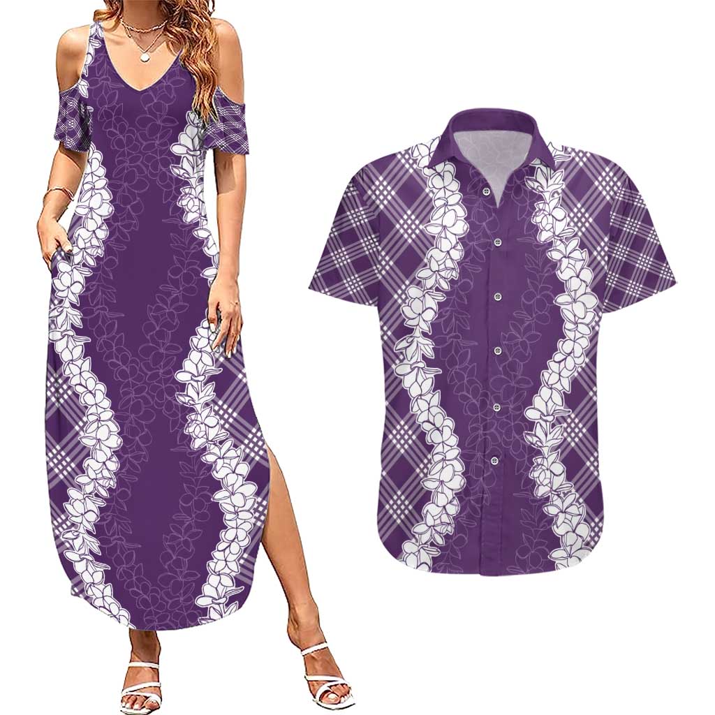 Hawaii Aloha Plumeria Lei Violet Palaka Couples Matching Summer Maxi Dress and Hawaiian Shirt - Polynesian Pride