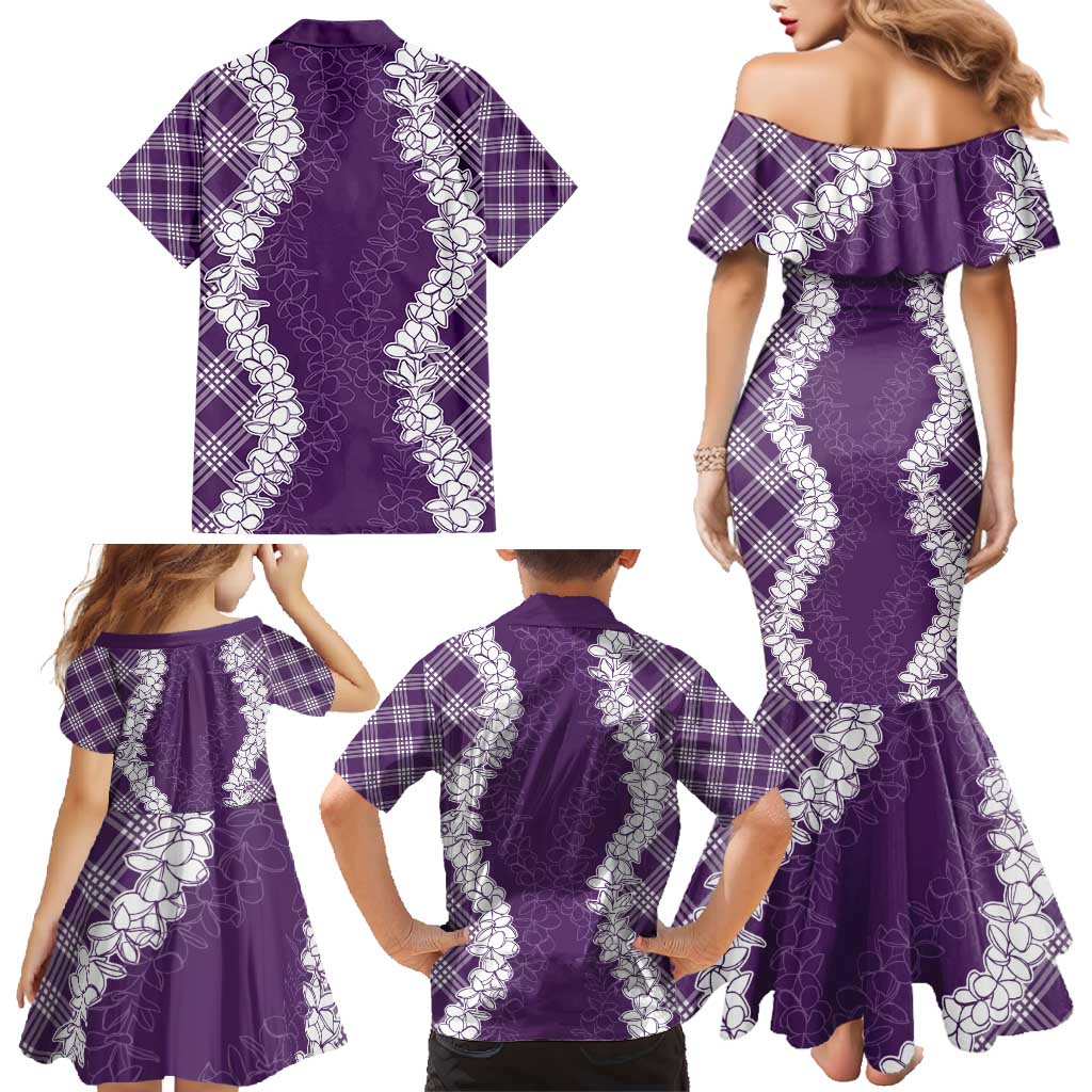 Hawaii Aloha Plumeria Lei Violet Palaka Family Matching Mermaid Dress and Hawaiian Shirt - Polynesian Pride