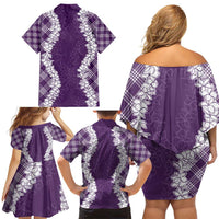 Hawaii Aloha Plumeria Lei Violet Palaka Family Matching Off Shoulder Short Dress and Hawaiian Shirt - Polynesian Pride