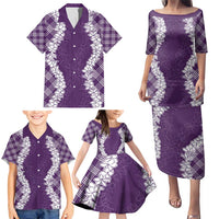 Hawaii Aloha Plumeria Lei Violet Palaka Family Matching Puletasi and Hawaiian Shirt - Polynesian Pride