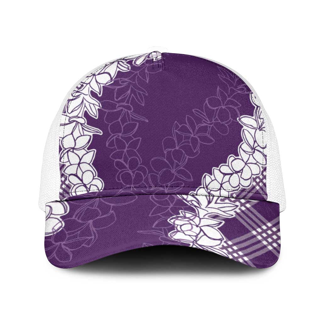 Hawaii Aloha Plumeria Lei Violet Palaka Mesh Trucker Cap - Polynesian Pride