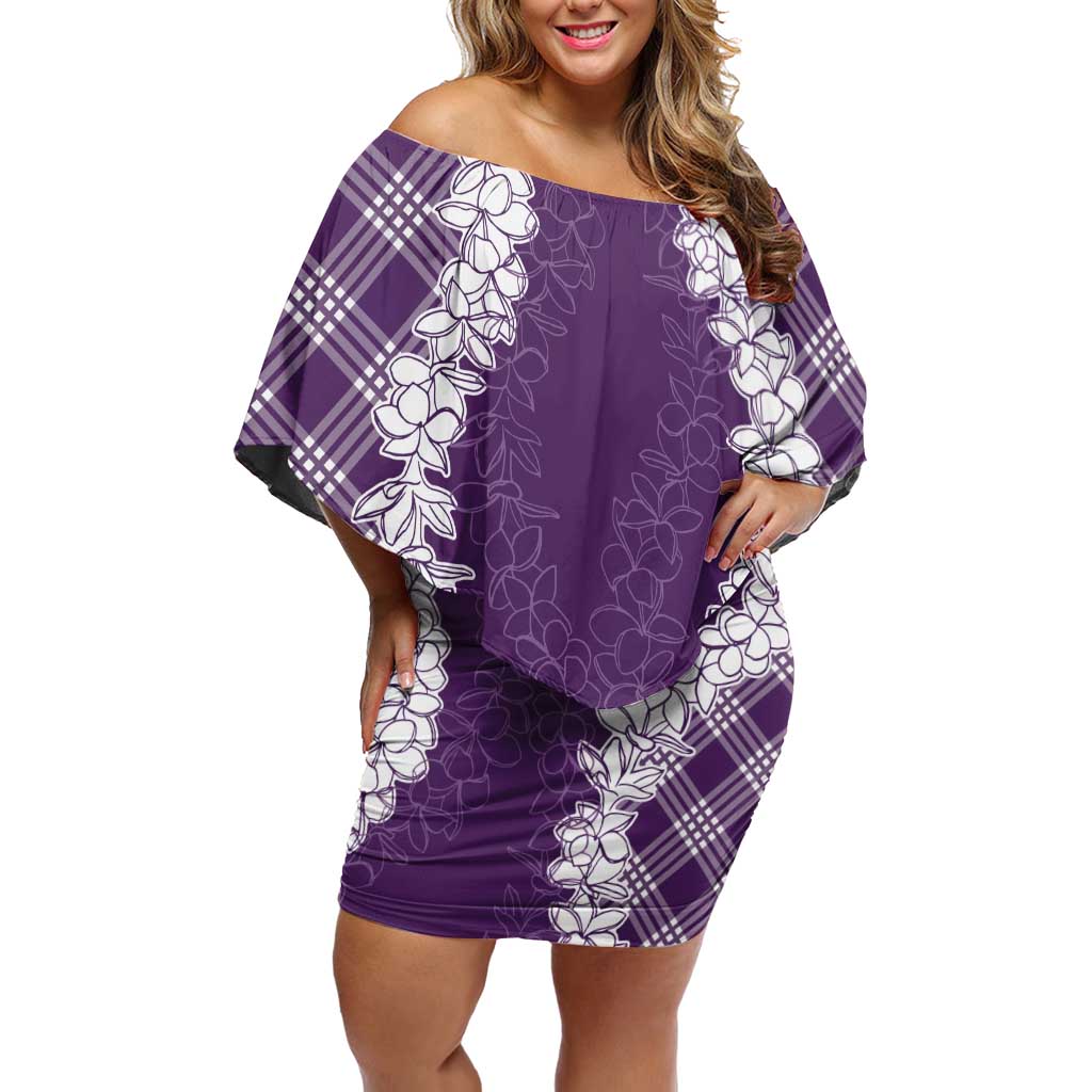 Hawaii Aloha Plumeria Lei Violet Palaka Off Shoulder Short Dress - Polynesian Pride