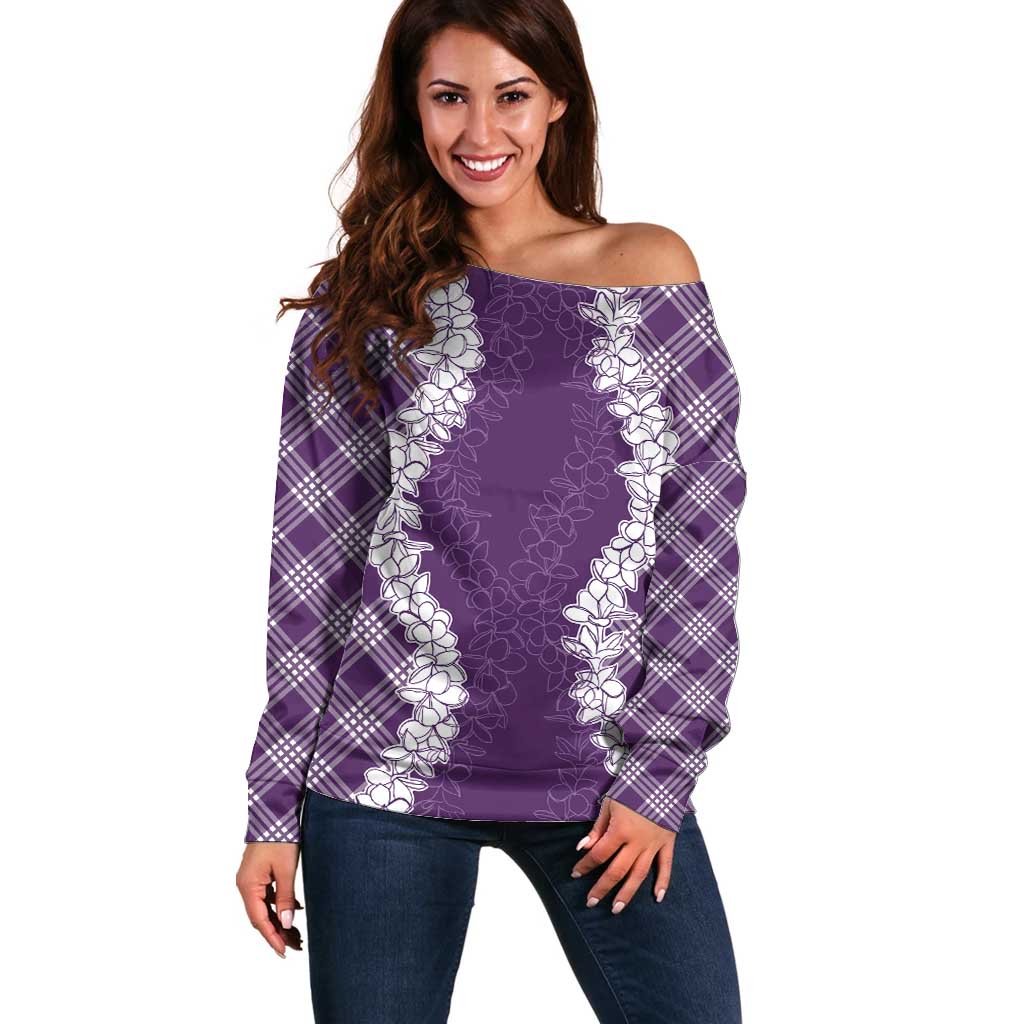 Hawaii Aloha Plumeria Lei Violet Palaka Off Shoulder Sweater - Polynesian Pride