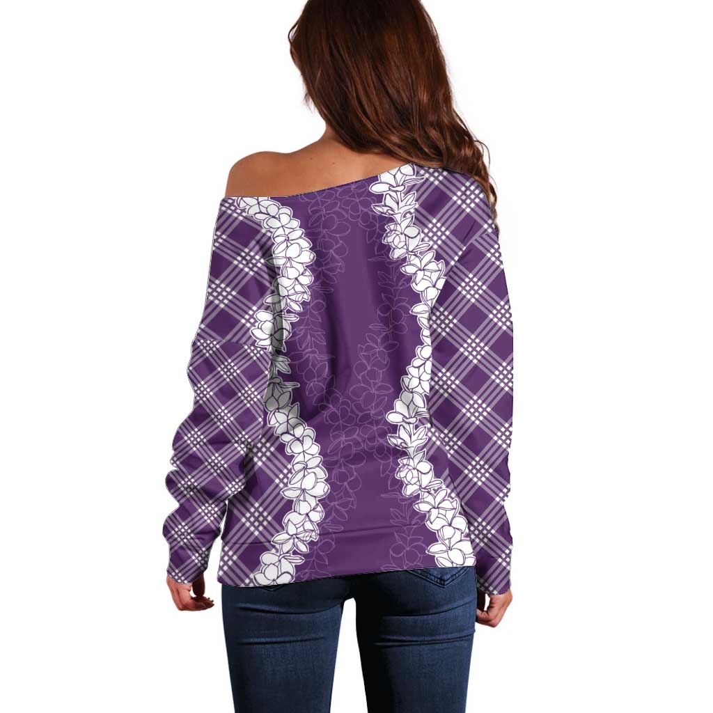 Hawaii Aloha Plumeria Lei Violet Palaka Off Shoulder Sweater - Polynesian Pride