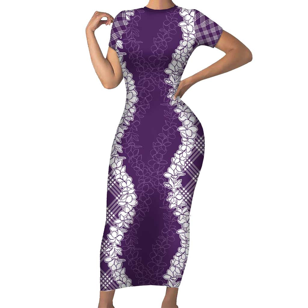 Hawaii Aloha Plumeria Lei Violet Palaka Short Sleeve Bodycon Dress - Polynesian Pride
