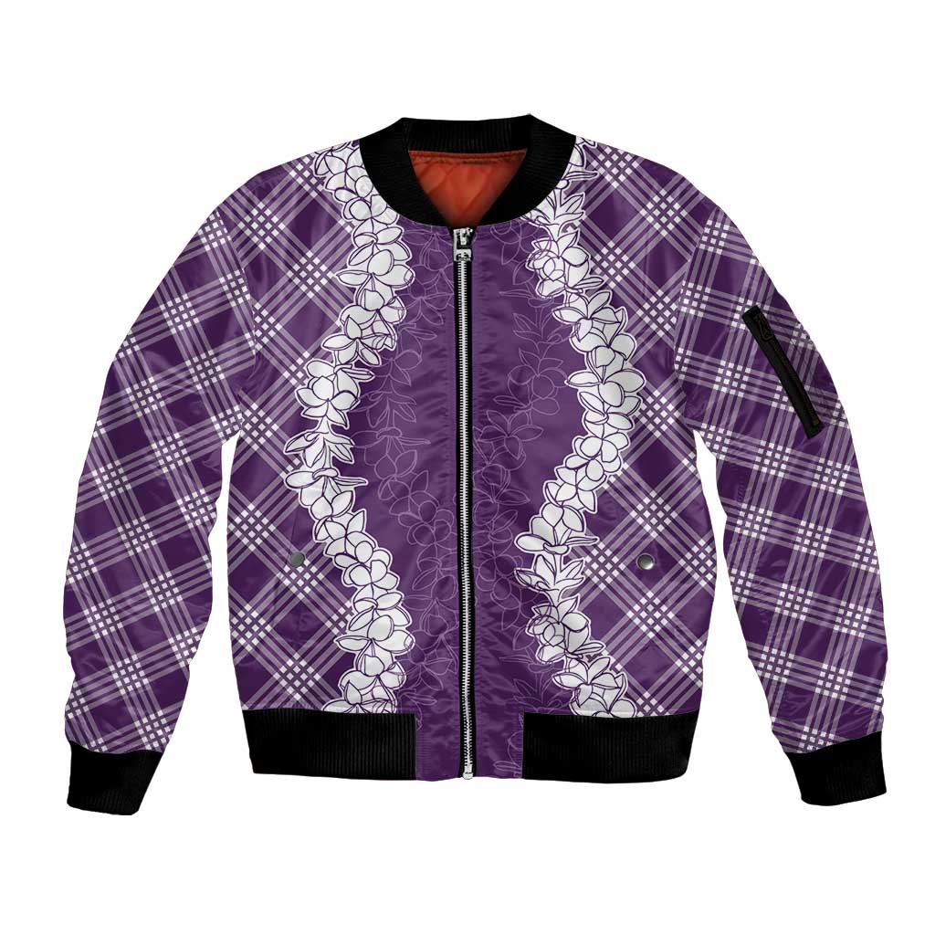Hawaii Aloha Plumeria Lei Violet Palaka Sleeve Zip Bomber Jacket - Polynesian Pride