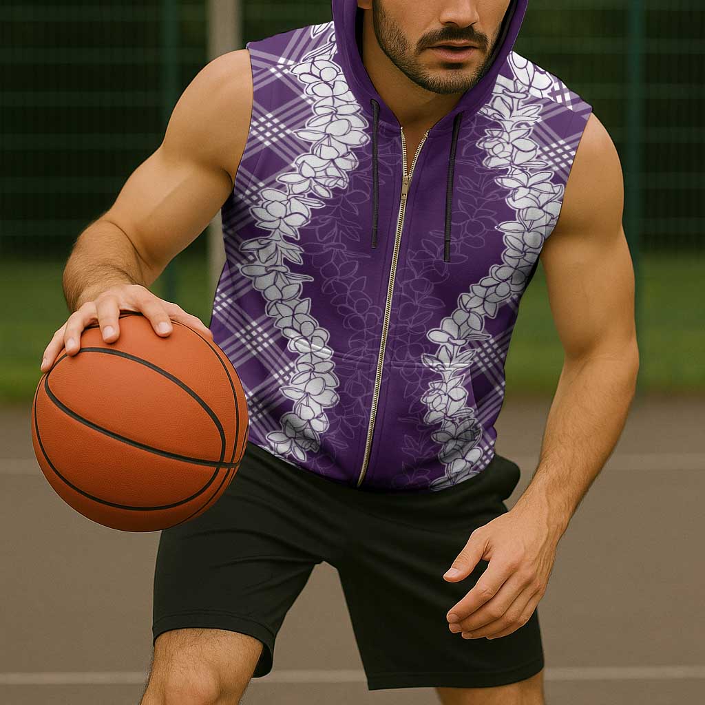 Hawaii Aloha Plumeria Lei Violet Palaka Sleeveless Zip Hoodie - Polynesian Pride